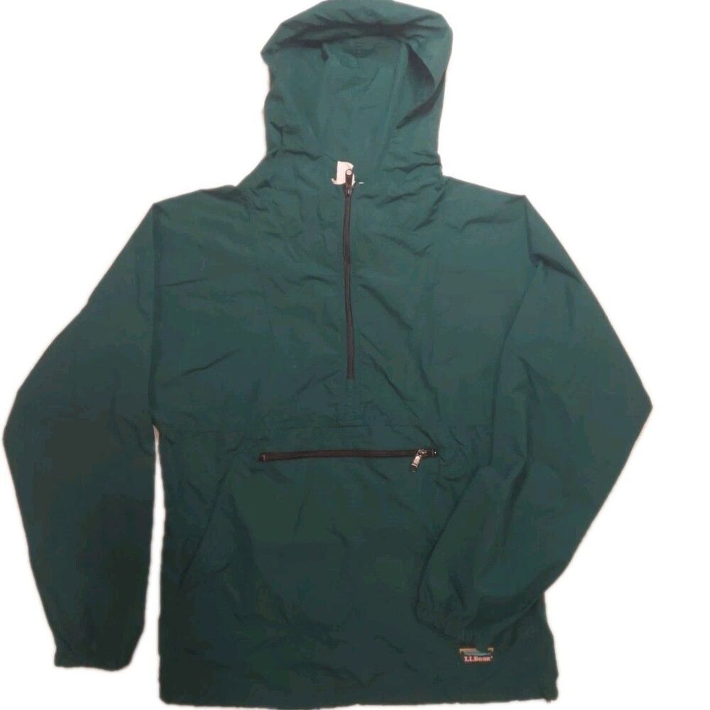 LL Bean Anorak Vintage Jacket Mens Forest Green Half zip Pullover Hooded SMALL